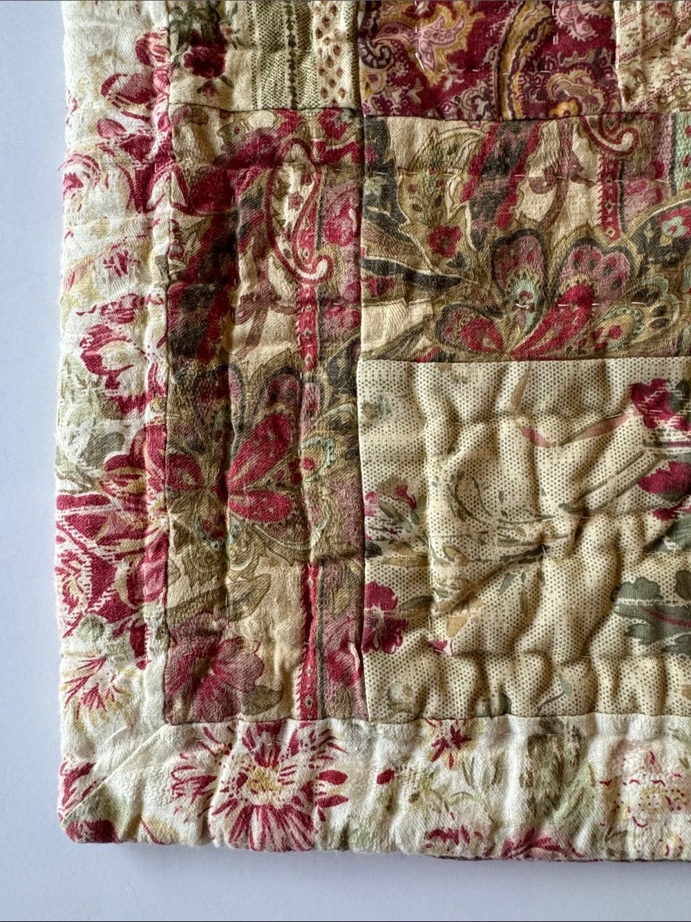 Vintage 16” Quilted Pillow Shams in Cream and Burgundy